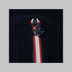 OLD SCHOOL ENGLAND STYLE pánsky tmavomodrý sveter na zips s červenobielym lemovaním na patentoch okolo goliera, na spodu tela a na koncoch rukávov 